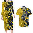 North Queensland Cowboys Rugby Couples Matching Long Sleeve Bodycon Dress and Hawaiian Shirt Fierce Mascot Geometric Tribal Art