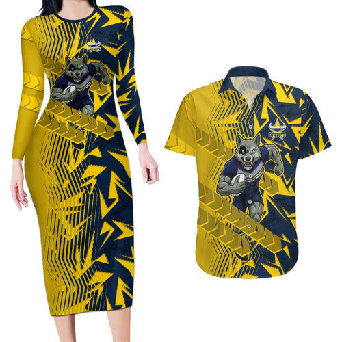 North Queensland Cowboys Rugby Couples Matching Long Sleeve Bodycon Dress and Hawaiian Shirt Fierce Mascot Geometric Tribal Art