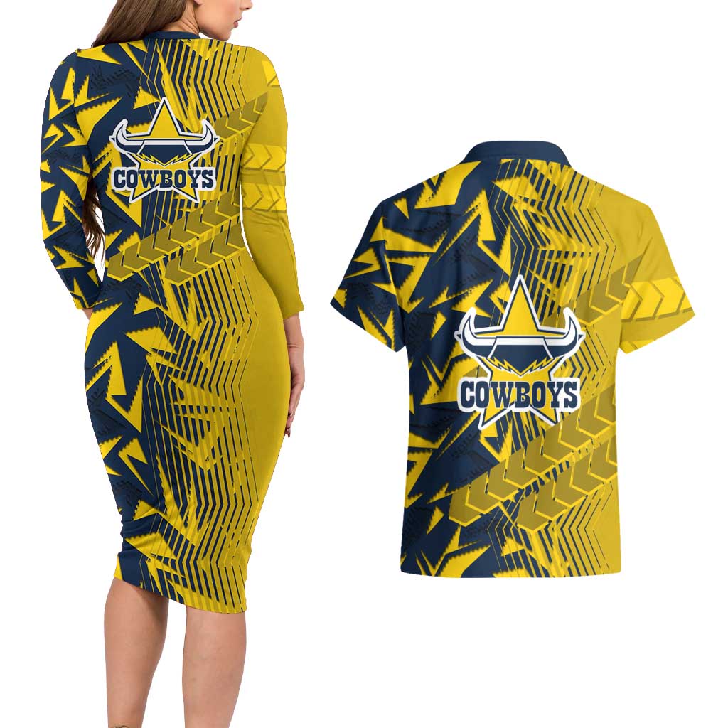 North Queensland Cowboys Rugby Couples Matching Long Sleeve Bodycon Dress and Hawaiian Shirt Fierce Mascot Geometric Tribal Art