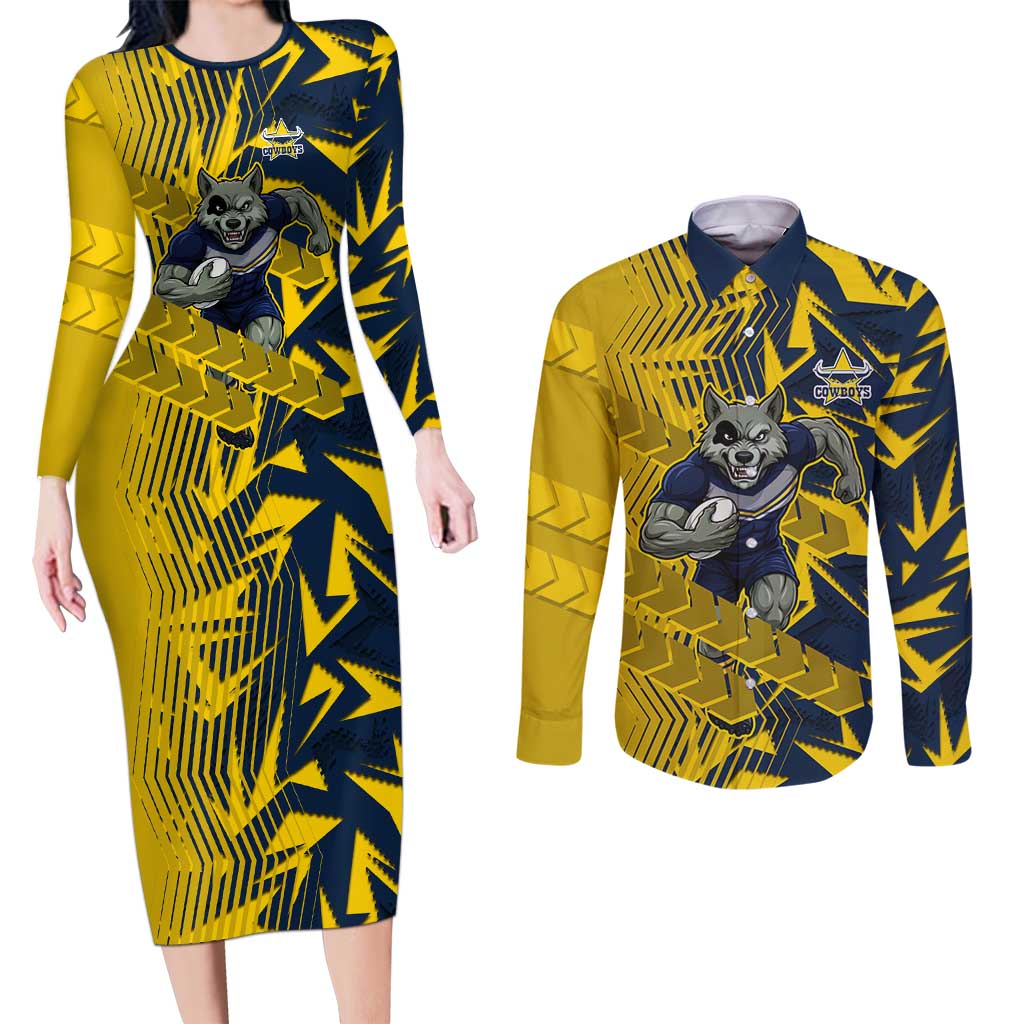 North Queensland Cowboys Rugby Couples Matching Long Sleeve Bodycon Dress and Long Sleeve Button Shirt Fierce Mascot Geometric Tribal Art