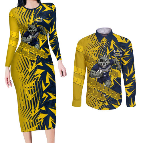 North Queensland Cowboys Rugby Couples Matching Long Sleeve Bodycon Dress and Long Sleeve Button Shirt Fierce Mascot Geometric Tribal Art
