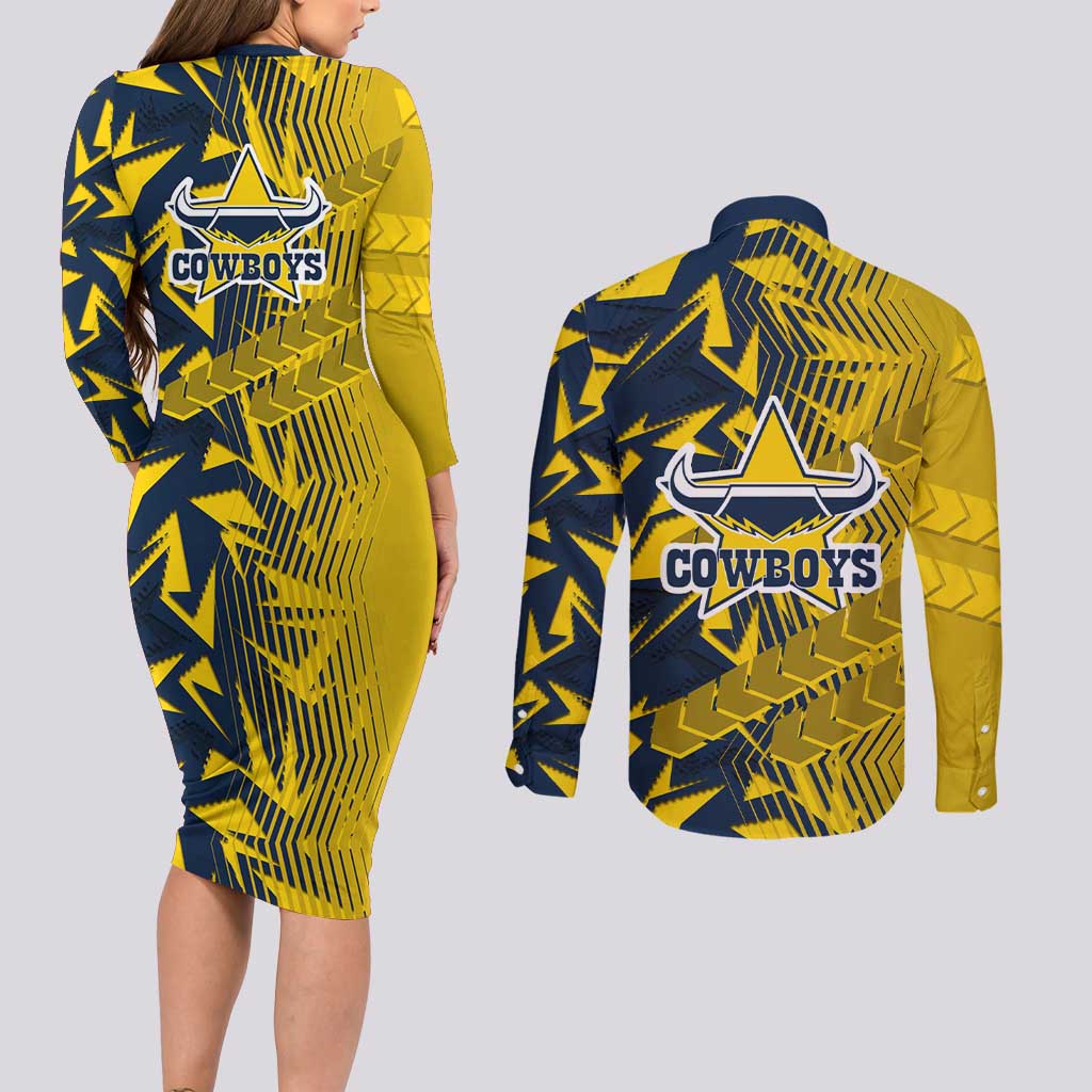 North Queensland Cowboys Rugby Couples Matching Long Sleeve Bodycon Dress and Long Sleeve Button Shirt Fierce Mascot Geometric Tribal Art