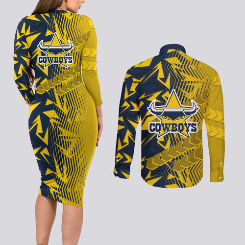 North Queensland Cowboys Rugby Couples Matching Long Sleeve Bodycon Dress and Long Sleeve Button Shirt Fierce Mascot Geometric Tribal Art