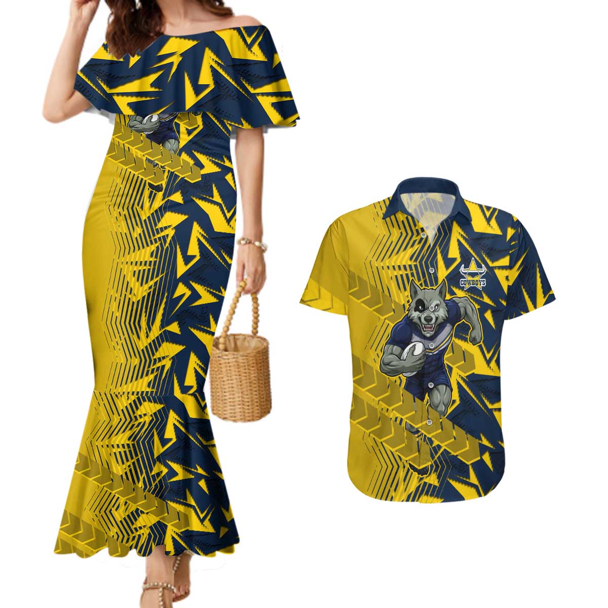 North Queensland Cowboys Rugby Couples Matching Mermaid Dress and Hawaiian Shirt Fierce Mascot Geometric Tribal Art