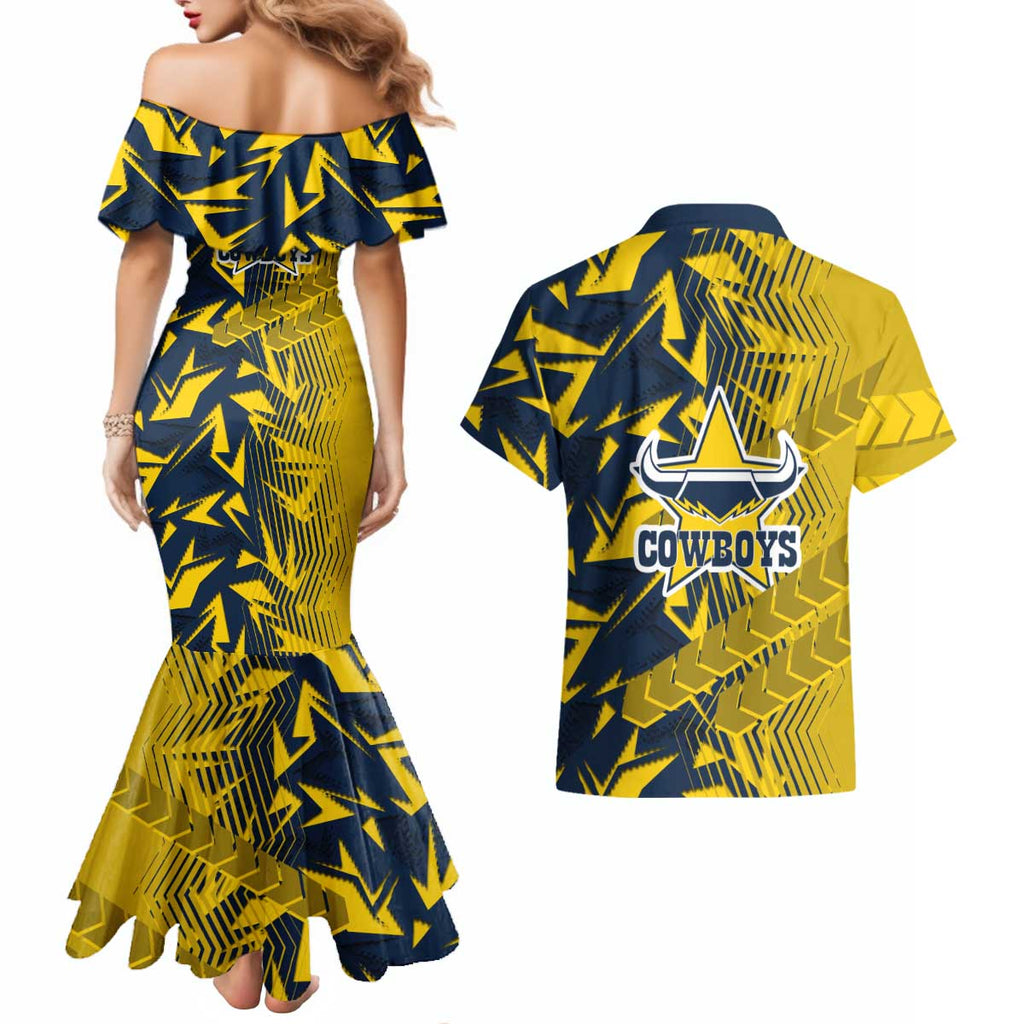 North Queensland Cowboys Rugby Couples Matching Mermaid Dress and Hawaiian Shirt Fierce Mascot Geometric Tribal Art
