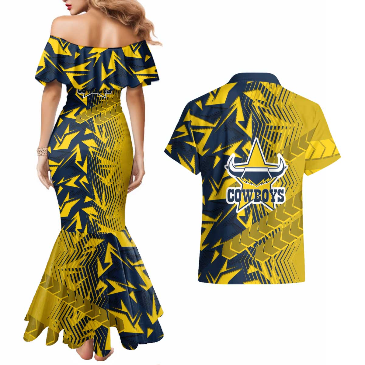 North Queensland Cowboys Rugby Couples Matching Mermaid Dress and Hawaiian Shirt Fierce Mascot Geometric Tribal Art