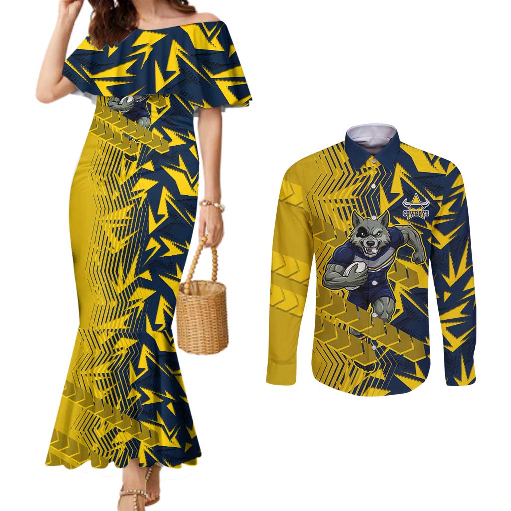 North Queensland Cowboys Rugby Couples Matching Mermaid Dress and Long Sleeve Button Shirt Fierce Mascot Geometric Tribal Art