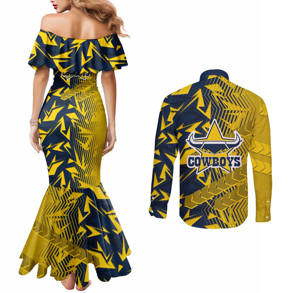 North Queensland Cowboys Rugby Couples Matching Mermaid Dress and Long Sleeve Button Shirt Fierce Mascot Geometric Tribal Art