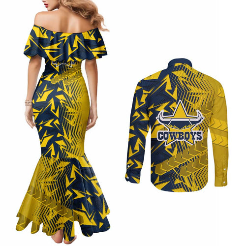 North Queensland Cowboys Rugby Couples Matching Mermaid Dress and Long Sleeve Button Shirt Fierce Mascot Geometric Tribal Art