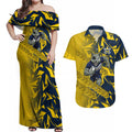 North Queensland Cowboys Rugby Couples Matching Off Shoulder Maxi Dress and Hawaiian Shirt Fierce Mascot Geometric Tribal Art