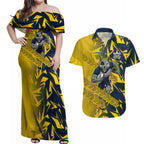 North Queensland Cowboys Rugby Couples Matching Off Shoulder Maxi Dress and Hawaiian Shirt Fierce Mascot Geometric Tribal Art
