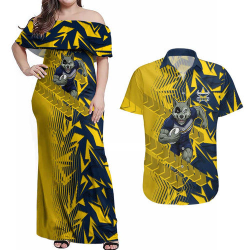 North Queensland Cowboys Rugby Couples Matching Off Shoulder Maxi Dress and Hawaiian Shirt Fierce Mascot Geometric Tribal Art