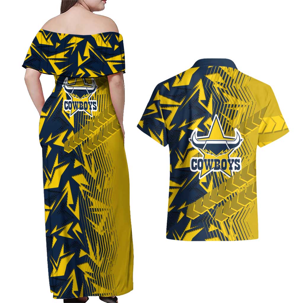North Queensland Cowboys Rugby Couples Matching Off Shoulder Maxi Dress and Hawaiian Shirt Fierce Mascot Geometric Tribal Art