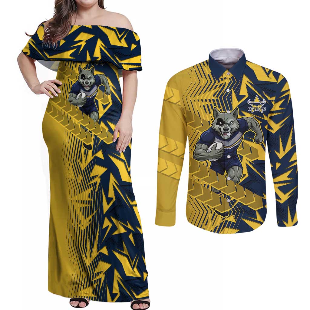 North Queensland Cowboys Rugby Couples Matching Off Shoulder Maxi Dress and Long Sleeve Button Shirt Fierce Mascot Geometric Tribal Art