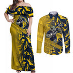 North Queensland Cowboys Rugby Couples Matching Off Shoulder Maxi Dress and Long Sleeve Button Shirt Fierce Mascot Geometric Tribal Art