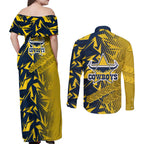 North Queensland Cowboys Rugby Couples Matching Off Shoulder Maxi Dress and Long Sleeve Button Shirt Fierce Mascot Geometric Tribal Art