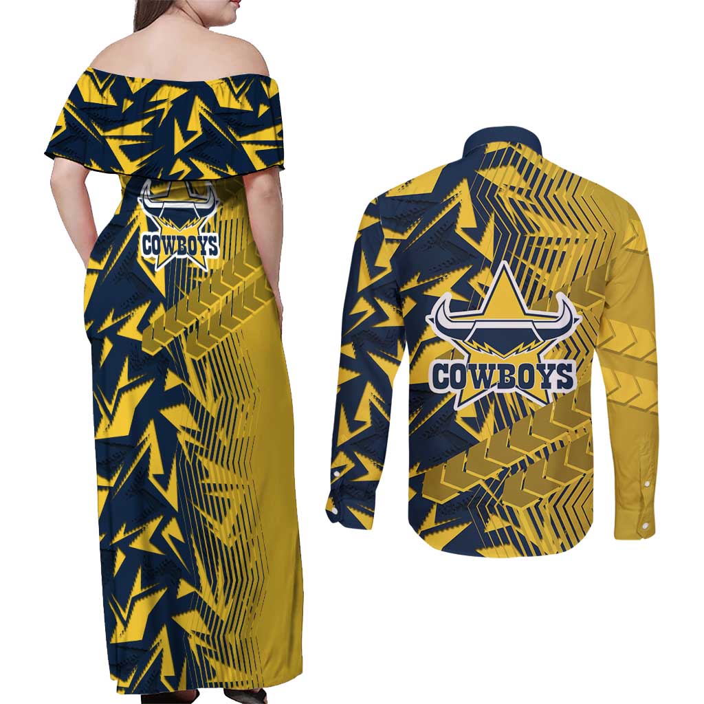 North Queensland Cowboys Rugby Couples Matching Off Shoulder Maxi Dress and Long Sleeve Button Shirt Fierce Mascot Geometric Tribal Art