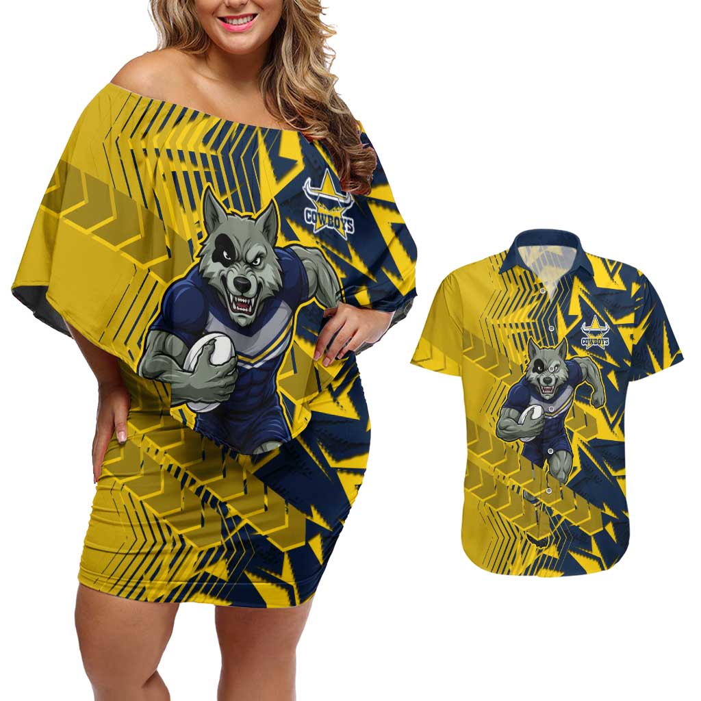 North Queensland Cowboys Rugby Couples Matching Off Shoulder Short Dress and Hawaiian Shirt Fierce Mascot Geometric Tribal Art