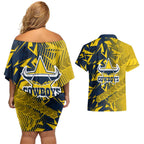 North Queensland Cowboys Rugby Couples Matching Off Shoulder Short Dress and Hawaiian Shirt Fierce Mascot Geometric Tribal Art