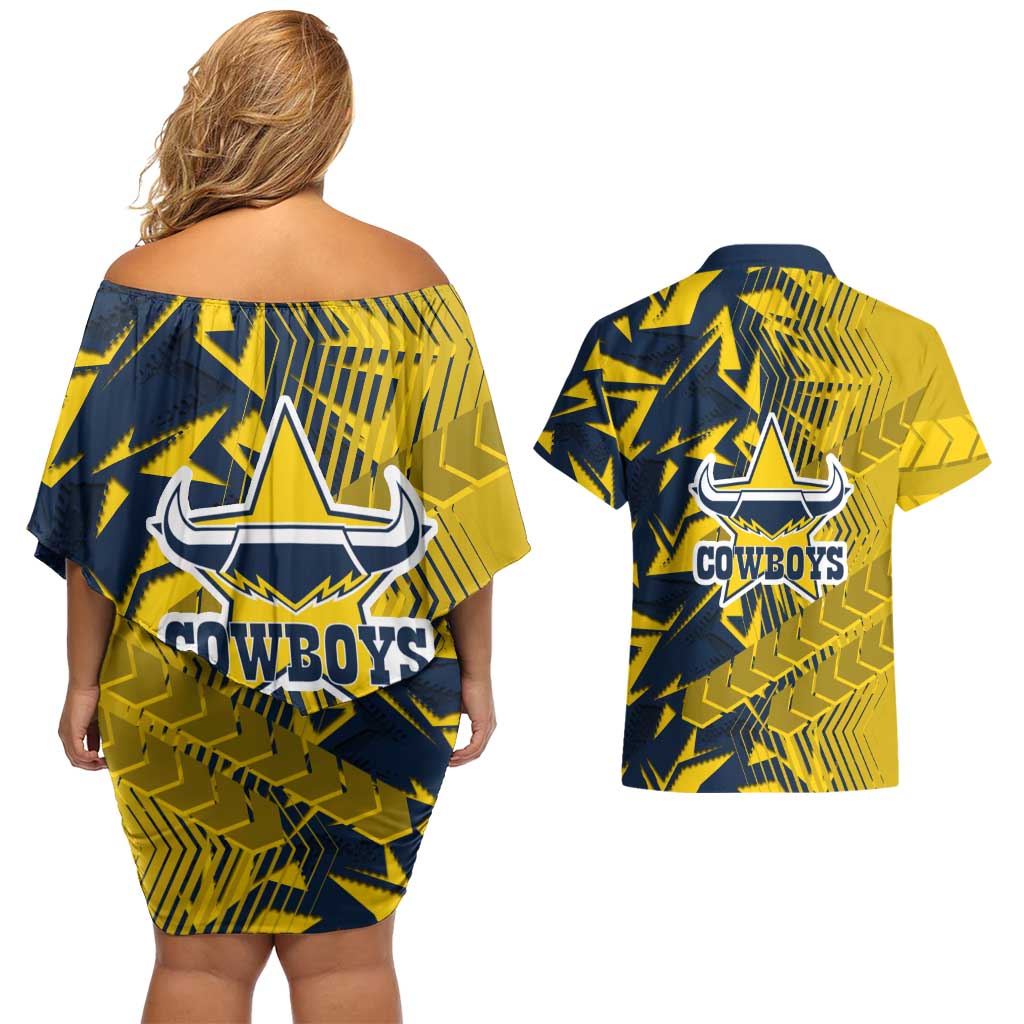North Queensland Cowboys Rugby Couples Matching Off Shoulder Short Dress and Hawaiian Shirt Fierce Mascot Geometric Tribal Art