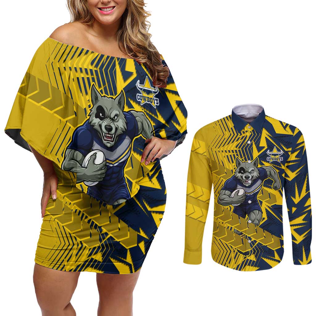 North Queensland Cowboys Rugby Couples Matching Off Shoulder Short Dress and Long Sleeve Button Shirt Fierce Mascot Geometric Tribal Art