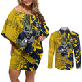 North Queensland Cowboys Rugby Couples Matching Off Shoulder Short Dress and Long Sleeve Button Shirt Fierce Mascot Geometric Tribal Art