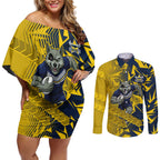North Queensland Cowboys Rugby Couples Matching Off Shoulder Short Dress and Long Sleeve Button Shirt Fierce Mascot Geometric Tribal Art