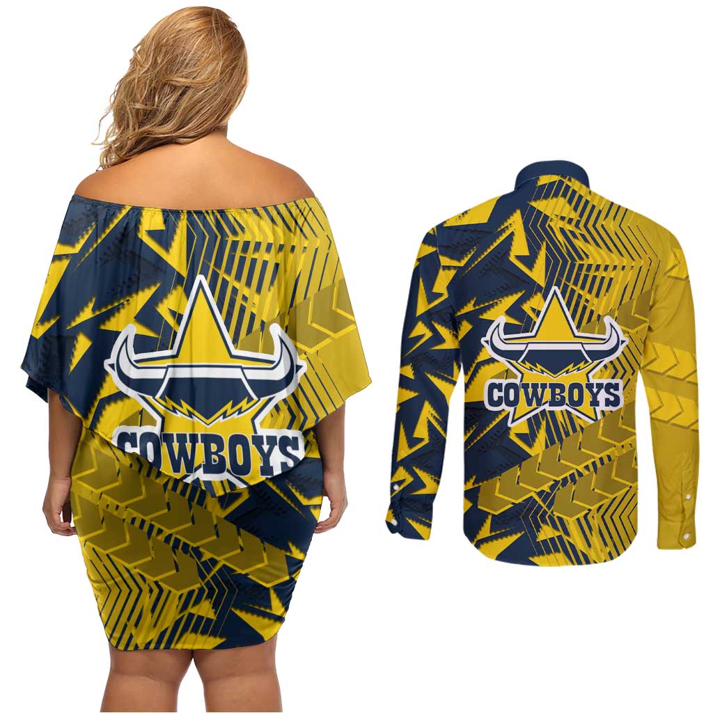 North Queensland Cowboys Rugby Couples Matching Off Shoulder Short Dress and Long Sleeve Button Shirt Fierce Mascot Geometric Tribal Art