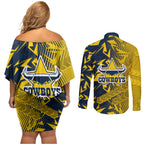 North Queensland Cowboys Rugby Couples Matching Off Shoulder Short Dress and Long Sleeve Button Shirt Fierce Mascot Geometric Tribal Art