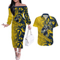 North Queensland Cowboys Rugby Couples Matching Off The Shoulder Long Sleeve Dress and Hawaiian Shirt Fierce Mascot Geometric Tribal Art