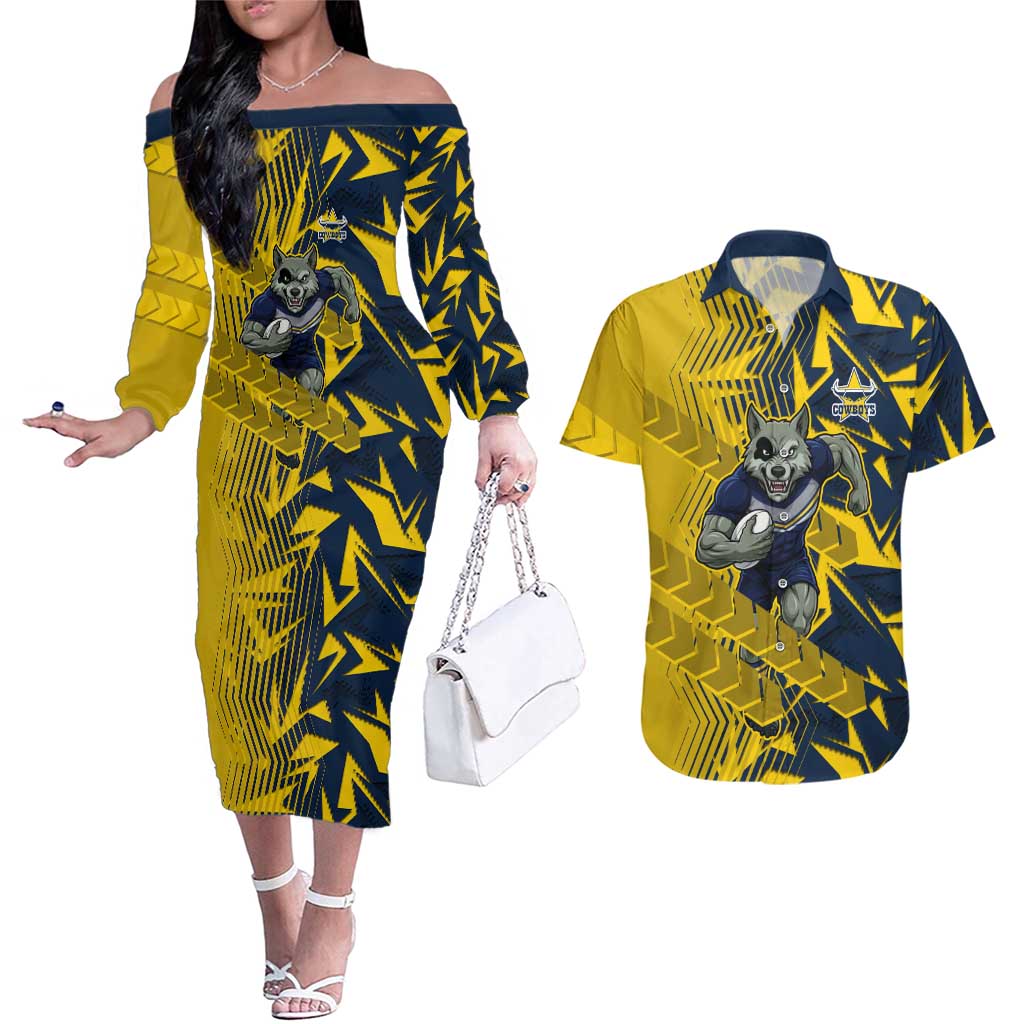 North Queensland Cowboys Rugby Couples Matching Off The Shoulder Long Sleeve Dress and Hawaiian Shirt Fierce Mascot Geometric Tribal Art
