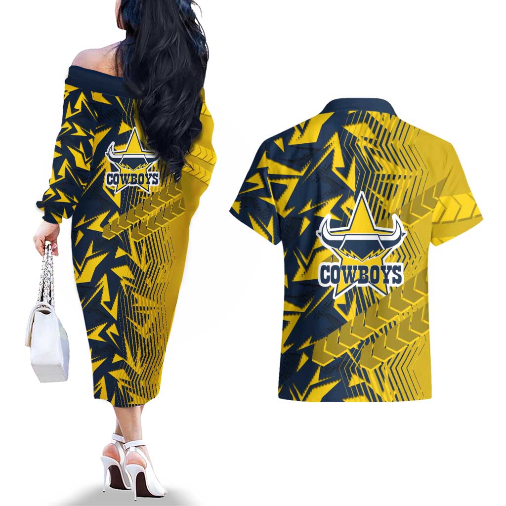 North Queensland Cowboys Rugby Couples Matching Off The Shoulder Long Sleeve Dress and Hawaiian Shirt Fierce Mascot Geometric Tribal Art