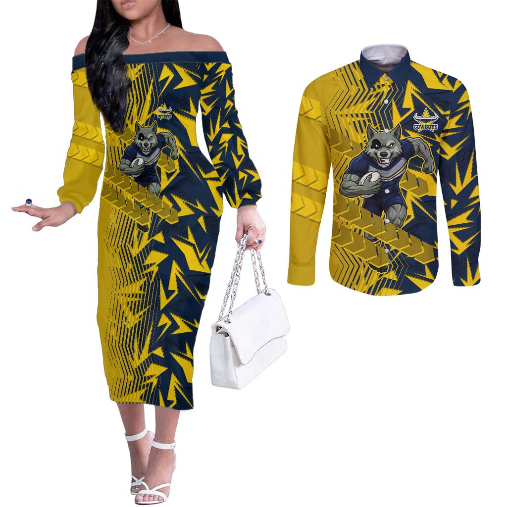 North Queensland Cowboys Rugby Couples Matching Off The Shoulder Long Sleeve Dress and Long Sleeve Button Shirt Fierce Mascot Geometric Tribal Art