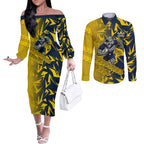 North Queensland Cowboys Rugby Couples Matching Off The Shoulder Long Sleeve Dress and Long Sleeve Button Shirt Fierce Mascot Geometric Tribal Art