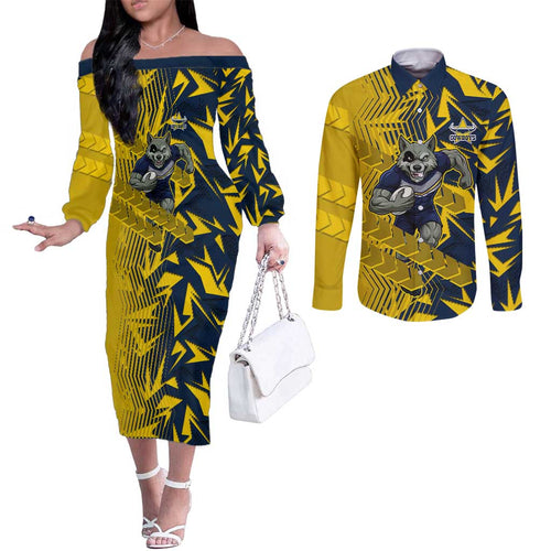 North Queensland Cowboys Rugby Couples Matching Off The Shoulder Long Sleeve Dress and Long Sleeve Button Shirt Fierce Mascot Geometric Tribal Art