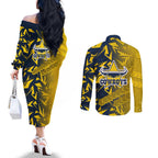 North Queensland Cowboys Rugby Couples Matching Off The Shoulder Long Sleeve Dress and Long Sleeve Button Shirt Fierce Mascot Geometric Tribal Art