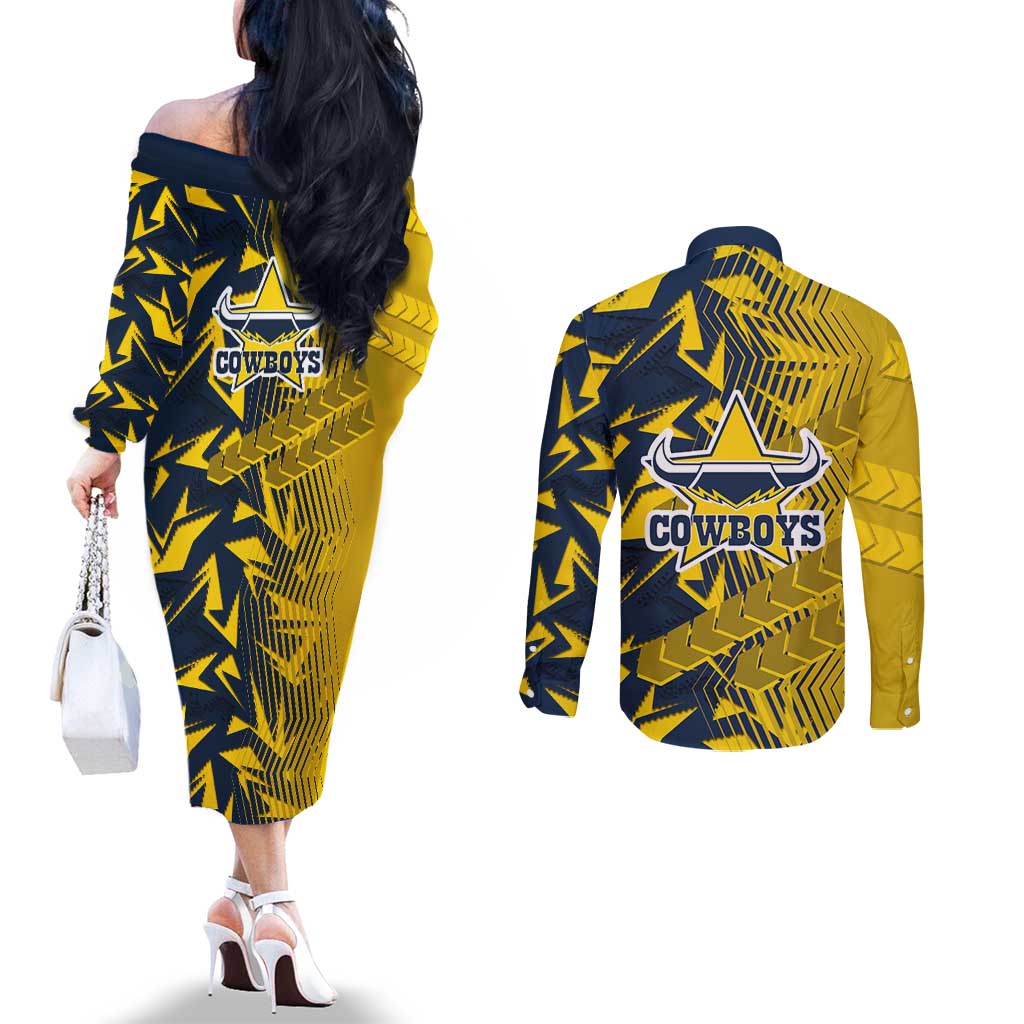 North Queensland Cowboys Rugby Couples Matching Off The Shoulder Long Sleeve Dress and Long Sleeve Button Shirt Fierce Mascot Geometric Tribal Art