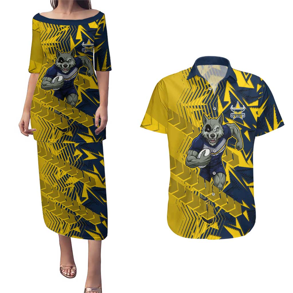 North Queensland Cowboys Rugby Couples Matching Puletasi and Hawaiian Shirt Fierce Mascot Geometric Tribal Art