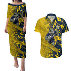 North Queensland Cowboys Rugby Couples Matching Puletasi and Hawaiian Shirt Fierce Mascot Geometric Tribal Art