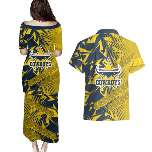 North Queensland Cowboys Rugby Couples Matching Puletasi and Hawaiian Shirt Fierce Mascot Geometric Tribal Art