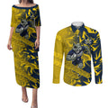 North Queensland Cowboys Rugby Couples Matching Puletasi and Long Sleeve Button Shirt Fierce Mascot Geometric Tribal Art