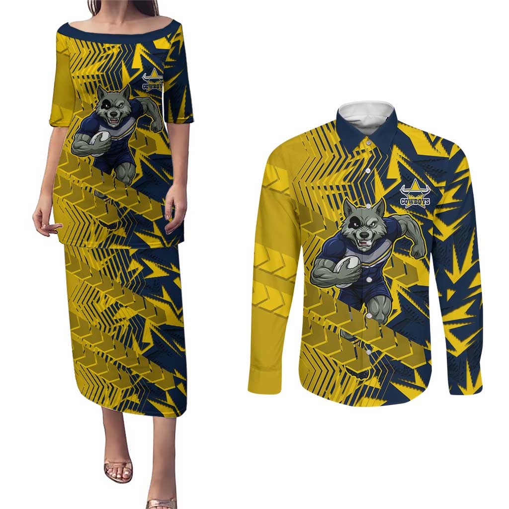North Queensland Cowboys Rugby Couples Matching Puletasi and Long Sleeve Button Shirt Fierce Mascot Geometric Tribal Art
