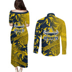 North Queensland Cowboys Rugby Couples Matching Puletasi and Long Sleeve Button Shirt Fierce Mascot Geometric Tribal Art