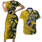 North Queensland Cowboys Rugby Couples Matching Short Sleeve Bodycon Dress and Hawaiian Shirt Fierce Mascot Geometric Tribal Art