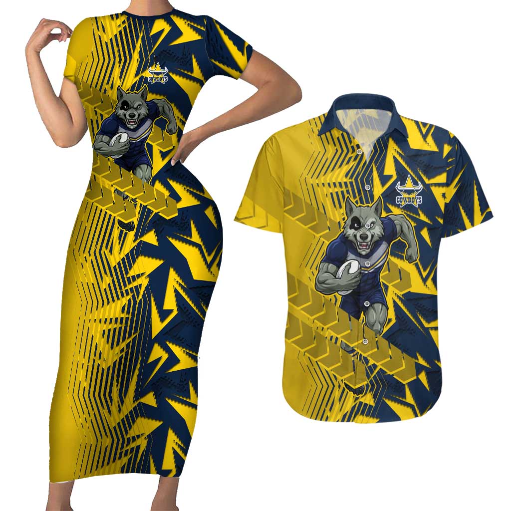 North Queensland Cowboys Rugby Couples Matching Short Sleeve Bodycon Dress and Hawaiian Shirt Fierce Mascot Geometric Tribal Art