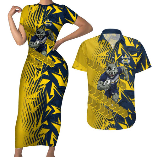 North Queensland Cowboys Rugby Couples Matching Short Sleeve Bodycon Dress and Hawaiian Shirt Fierce Mascot Geometric Tribal Art
