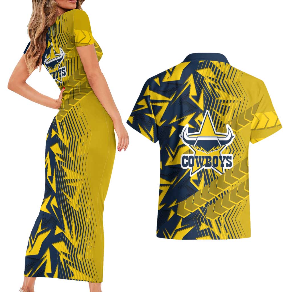 North Queensland Cowboys Rugby Couples Matching Short Sleeve Bodycon Dress and Hawaiian Shirt Fierce Mascot Geometric Tribal Art