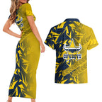 North Queensland Cowboys Rugby Couples Matching Short Sleeve Bodycon Dress and Hawaiian Shirt Fierce Mascot Geometric Tribal Art