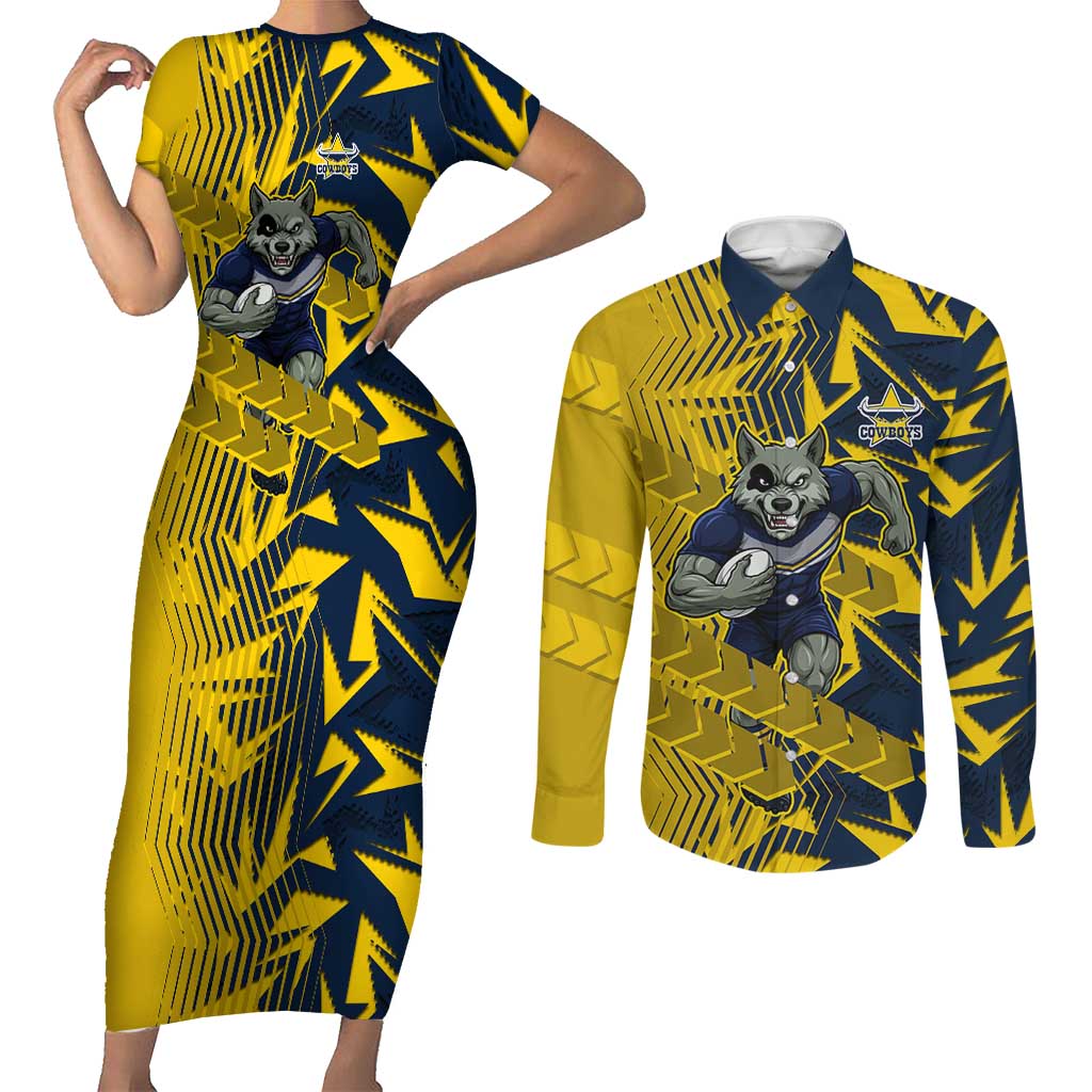 North Queensland Cowboys Rugby Couples Matching Short Sleeve Bodycon Dress and Long Sleeve Button Shirt Fierce Mascot Geometric Tribal Art