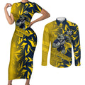 North Queensland Cowboys Rugby Couples Matching Short Sleeve Bodycon Dress and Long Sleeve Button Shirt Fierce Mascot Geometric Tribal Art